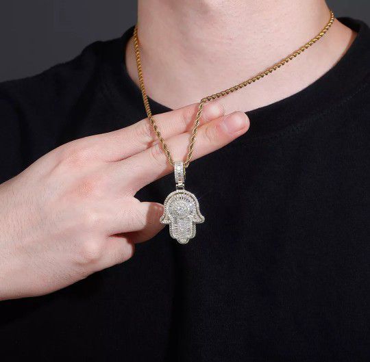 Micro Iced Out Hamsa Hand 14k Gold Pendant 