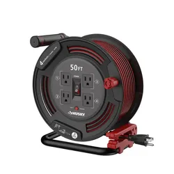 Husky 50 ft. 14/3 13-Amp Retractable Extension Cord Reel with 4 Grounded Outlets, Black