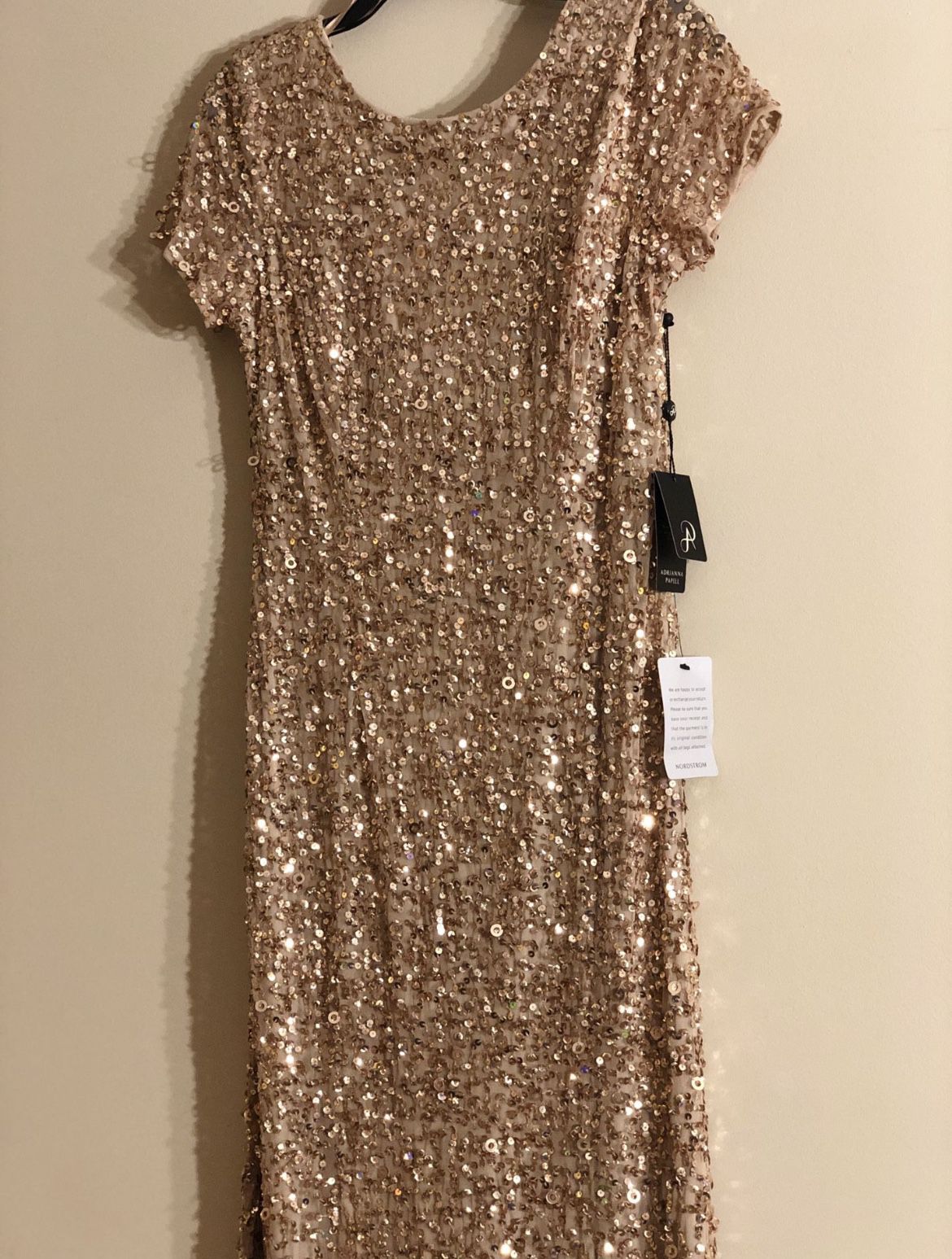Adriana Papell Champagne Gold Sequin Beaded Gown
