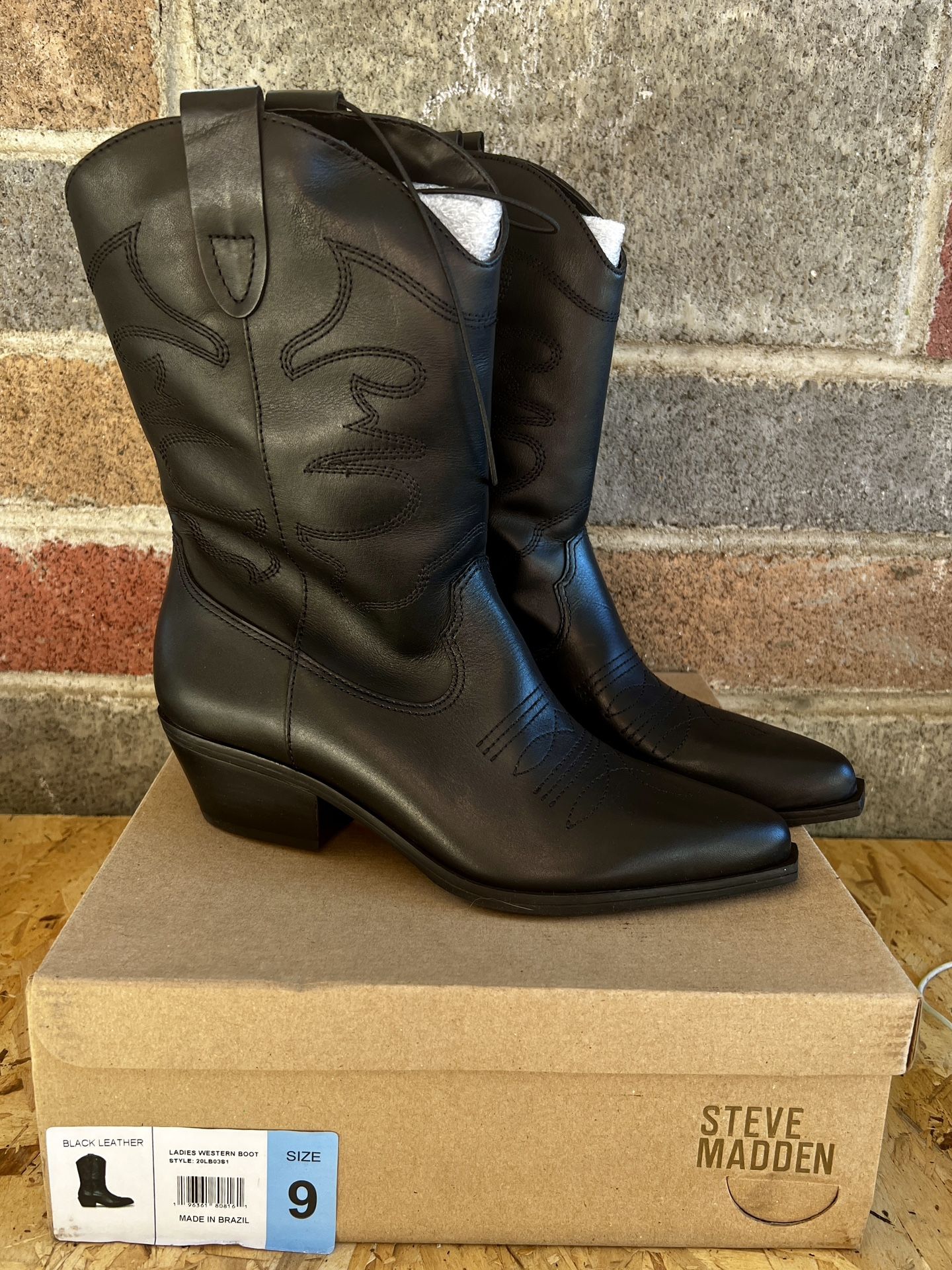 NEW Steve Madden Black Leather Cowboy Boots – Size 9