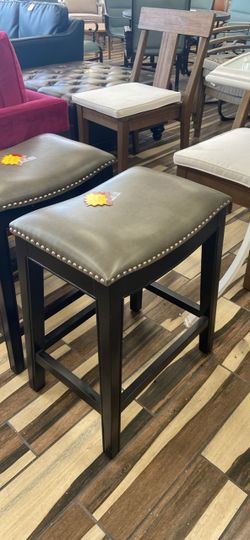 Gray Leather Backless Bar Stool with Nailhead Trim