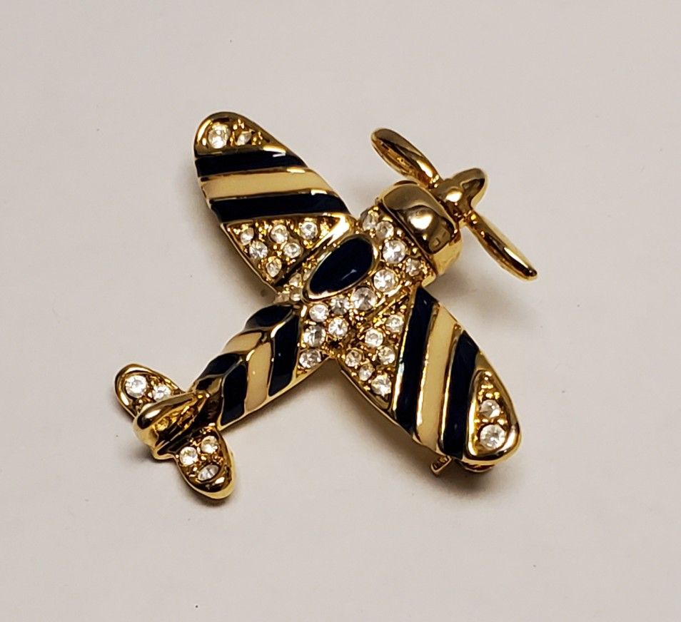Vintage Goldtone Enamel & Rhinestone Airplane Brooch with Moving Propeller