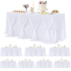 Besutolife White Tulle Tablecloth 8Pack Stretchable Cross Table Cover 3 Sides for Wedding, Birthday, Party Decor, Banquet, Bridal Shower Fits Rectangl