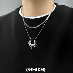 Silver Stainless Steel Sun Necklace With Second Layder Snake Chain