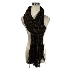Women's Open Knit Scarf Brown w/Brass Metallic Fringe Winter 108” Long