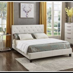 Brand New In Box Full Size White PU Upholstered Bed With Mattress. Assembly Required, We Can Deliver, Cama Con Colchon.