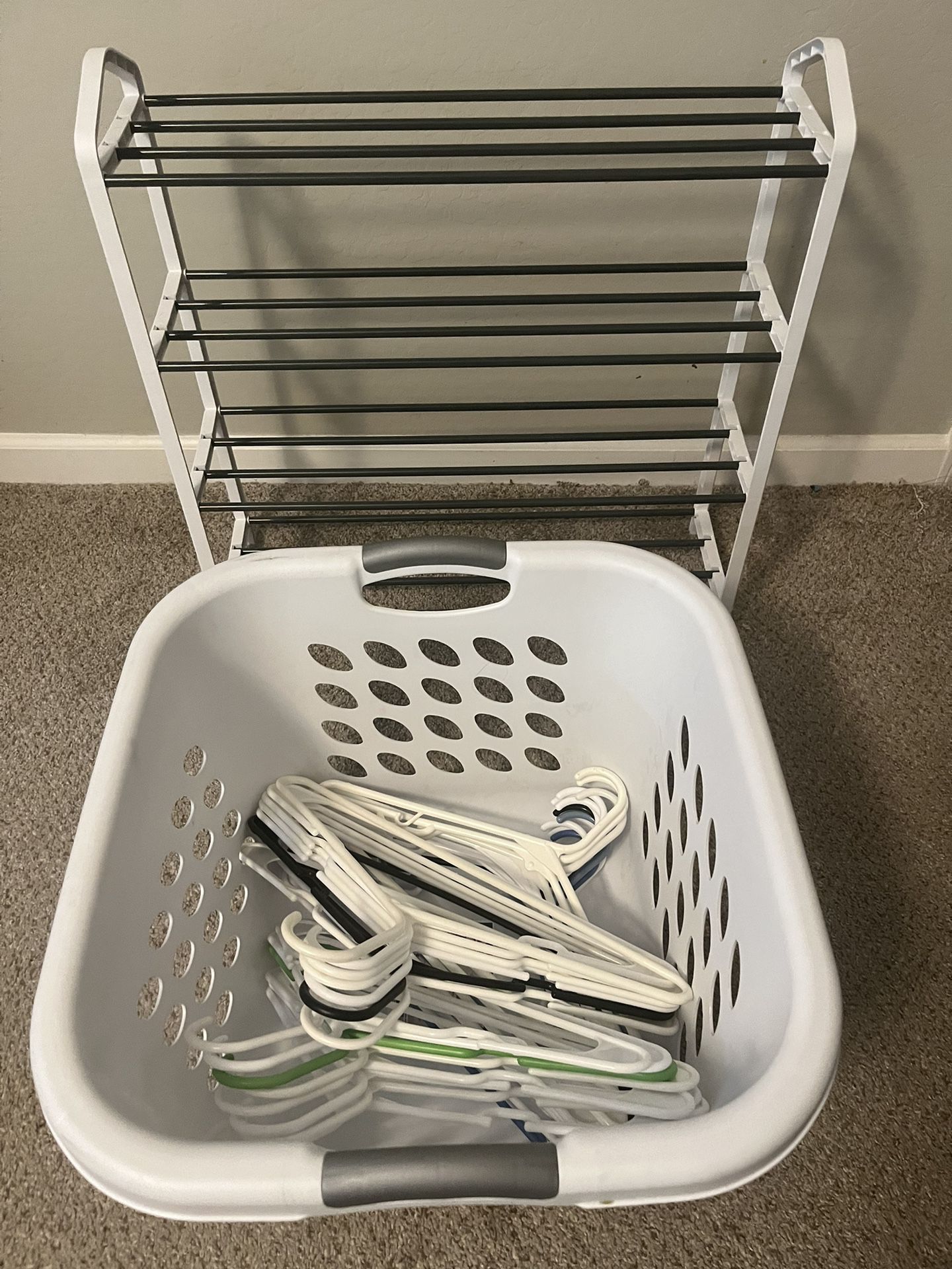 Shoe Rack And Laundry Basket W/ Hangers 
