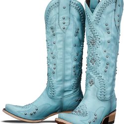 Cowboy Boots for Women- Size 9-Knee High Western Cowgirl Boots Pointed Toe Chunky Heel.