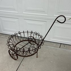 Antique Wrought Iron Plant Stand Wagon Rustic Rusty Weathered Vintage Large Farmhouse Chic Decor Yard Garden Pot Planter Holder 