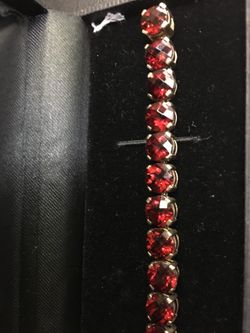 35.54 ctw Red Garnet Bracelet 14 k yellow Gold -Clad Sterling Silver 8 inches long