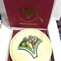 Amazing Set of Celtic Irish Connemara Bodhráns Placemats- 6 Designs, Cork Back, 8.5” Round   In Original Box   The placemats in this set are photograp