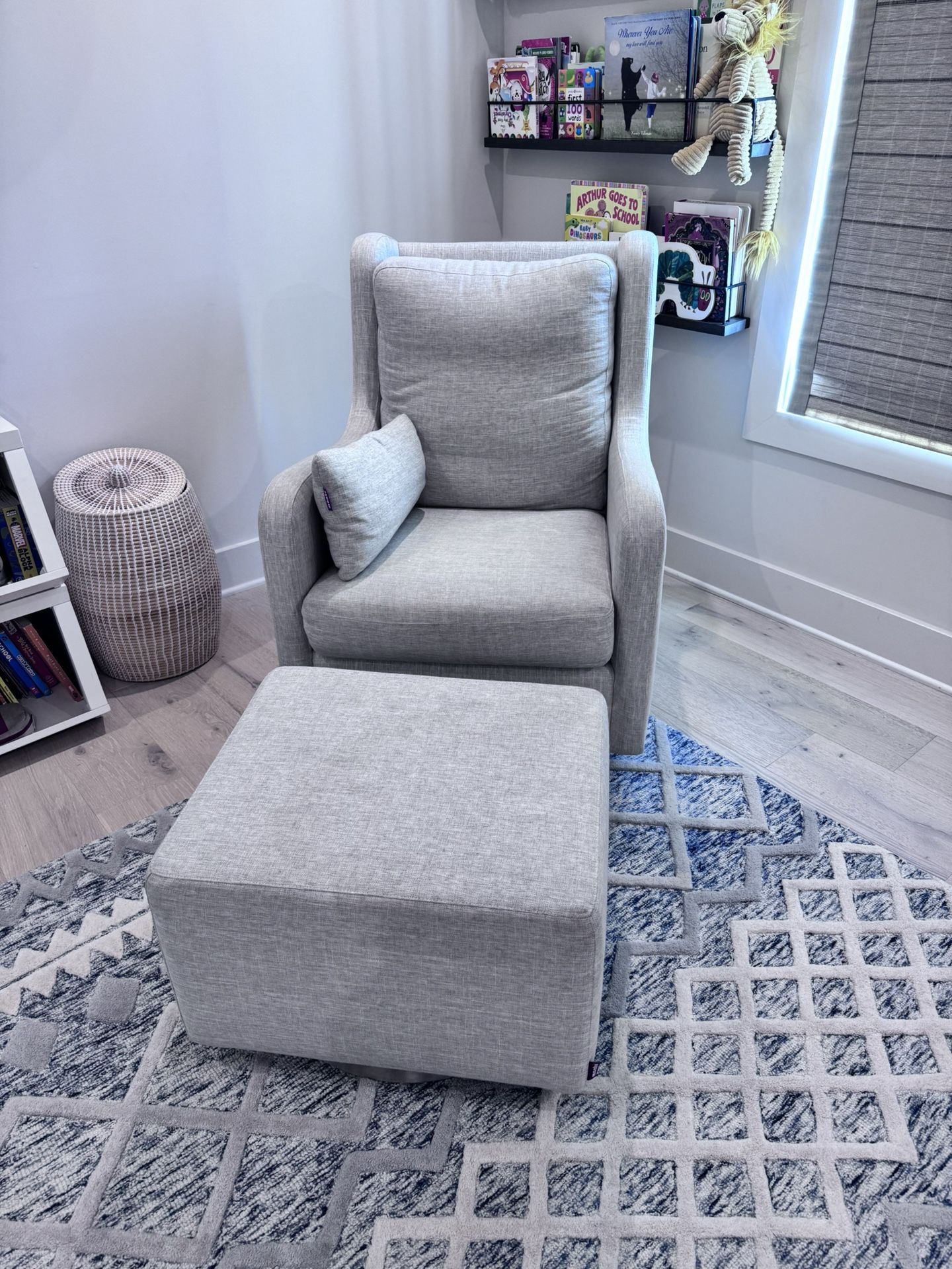 Milo Grey Nursery Swivel Glider Chair with Silver Base. 360 rotate