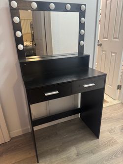 Black Vanity Desk with Hollywood Mirror