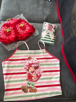 Strawberry shortcake, hat, leggings, and shirt