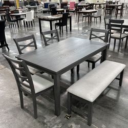6-Pcs Dining Set
Table + 4 Chairs + Bench

Color: Gray.     Comedor De 6 Piezas Nuevo En Caja 