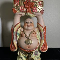 14” Ceramic Good Luck, Money Buddha Gold Coins, Gold Necklace Gold Emblem