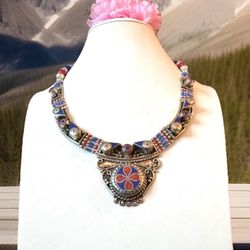 Vintage & Stunning Handcrafted Indo/Tibet Tribal Pendant Necklace With Inlay Stones Set In Silver 19”in & 124grams