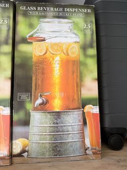 Glass Beverage Dispenser with Galvanized Bucket Stand