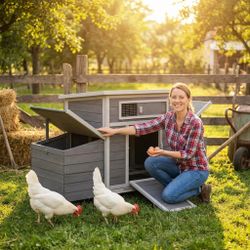 Large Wooden Chicken Coop Outdoor Hen House Poultry Cage for Outdoor with 2 Sides Nesting Boxes 