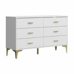 Modern 6 Drawer Wood Dresser, Wood Lateral Chest of Drawers Storage Organizer with Wide Drawers & Metal Gold Handles for Bedroom, Living Room, Hallway