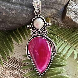 Botswana Pink Agate & Natural Pearl 2.5” Gemstone Pendant