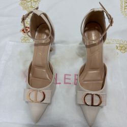 Nude Pointed-Toe Heels with Gold Hardware