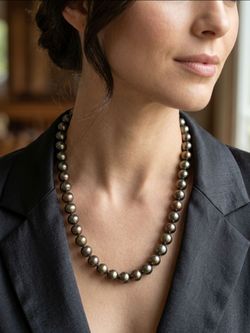 Stunning Genuine Black Pearl Necklace 22” with 14K Gold Filigree Clasp