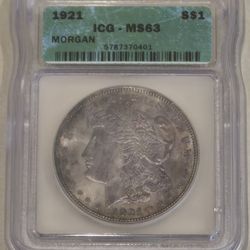 Toned 1921 Morgan Silver Dollar ICG MS-63
