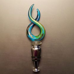 Authentic Murano freeform swirl bottle stopper in greens and blues