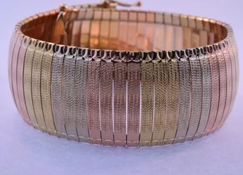 14 k three tone gold old fashioned wide bracelet