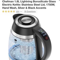 Used Chefman 1.8L Lightning Borosilicate Glass Electric Kettle: Stainless Steel Lid, 1750W, Hand Wash, Silver & Black Accents  Pick up in West Co