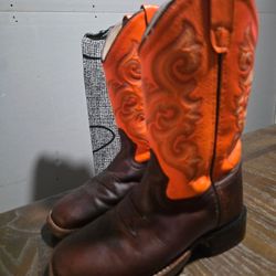 Old West Boots Western Broad Square Toe - Brown / Orange Old West kids size 13.5D kids