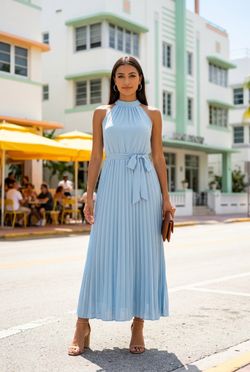 Brand New Women Halter Neck Sleeveless Blue Dress Pleated Hem Sundress With Belt( Large size)