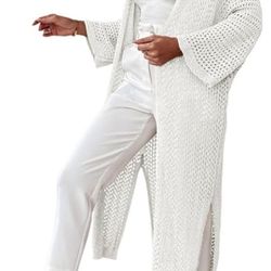 NEW! Long Sleeve Open Front Cardigan Lightweight Knit Loose Split Crochet Floor Length Sweaters (one size-White)