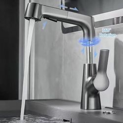Bathroom Faucet with Pull Out Sprayer, Single Handle Pull Down Bathroom Sink Faucet with 2 Modes, Liftable & 360° Rotaty with Pull Out Sprayer, Modern
