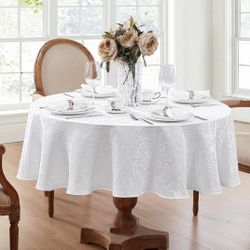 Damask Fabric  90’ Round White Tablecloth