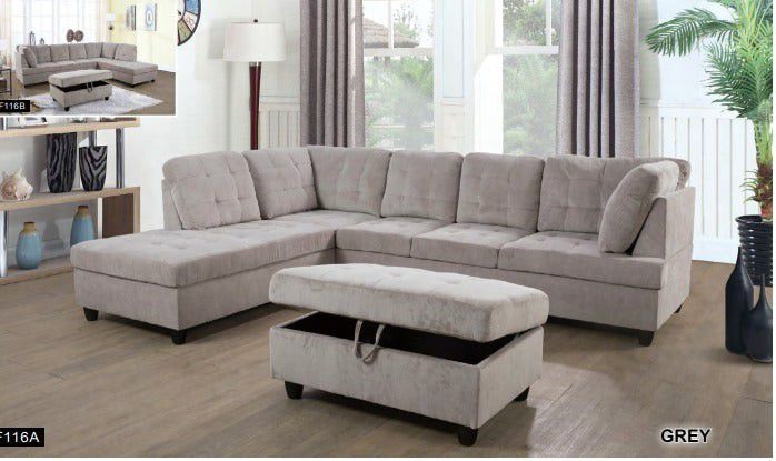 New Stock Gray Microfiber Sectional With Storage Ottoman Special 