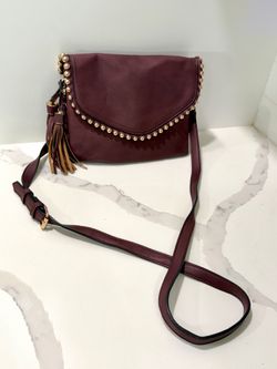 Burgundy Studded Tassel Crossbody Purse Shoulder Bag Faux Leather Adjustable