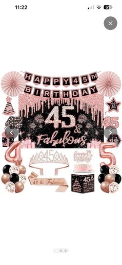 45th Birthday Decorations for Women,32PCS 45th Birthday Party Decorations Including Backdrop, Crown, Sash, banner, Hanging Swirl,Cake Topper,Paper Fan