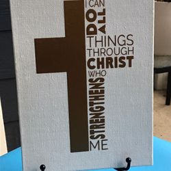 Light shifting painted canvas panel with faith based message in vinyl letters $17
