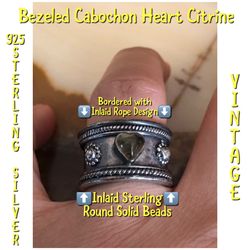 Vintage 925 Sterling Silver Heart Shape Citrine Wide Band Ring 7