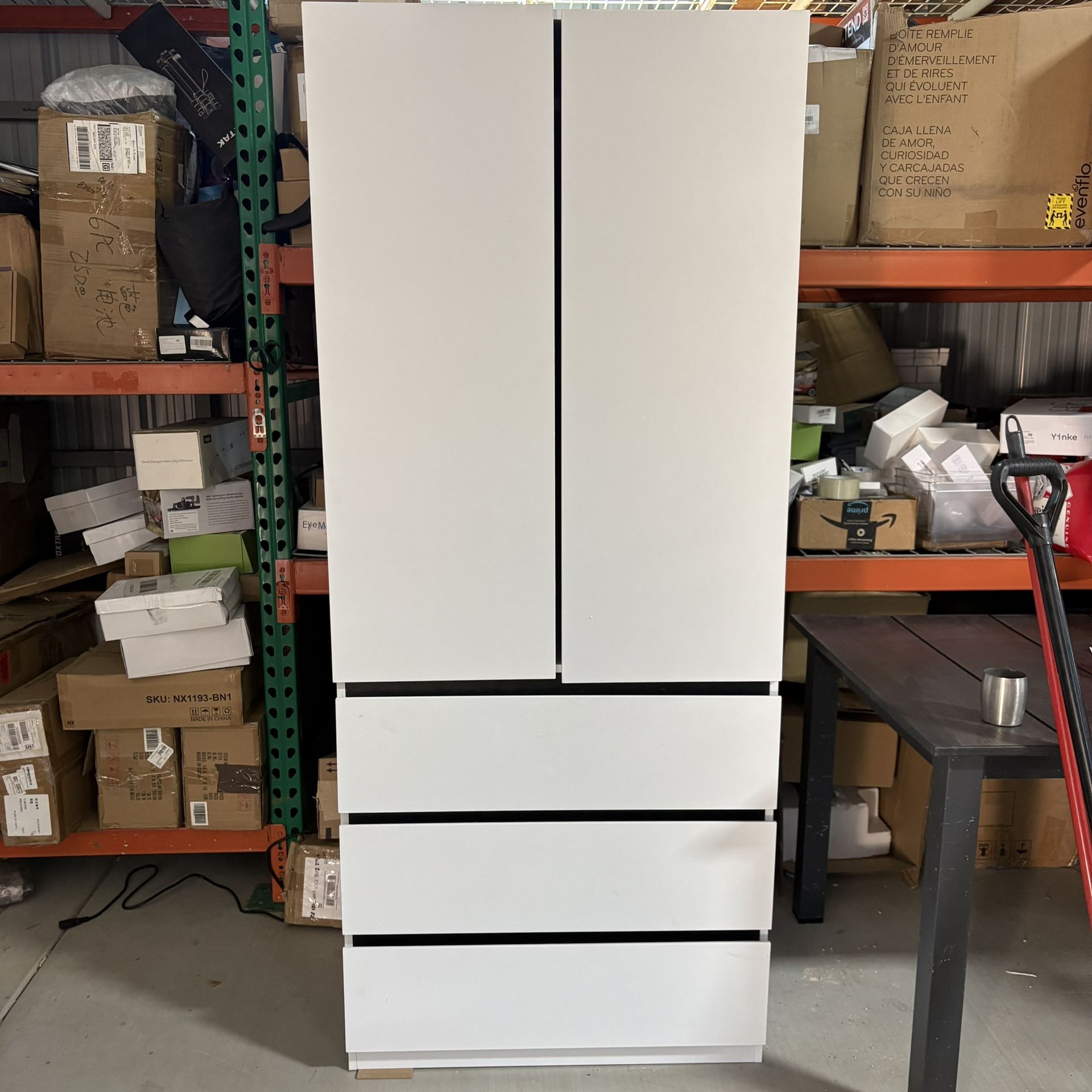 Wooden Wardrobe Closet with 2 Doors: 75" Bedroom Armoire Wardrobe Closet with 3 Drawers, White Cabinet with Hanging Shelves, Large Storage Cabinet (Mo