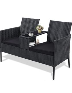 Brand New Wicker 2 Seat Patio Loveseat, Outdoor Rattan Loveseat with Table