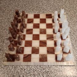 Handmade White And Brown Onyx Marble Stone Chess Game Set Board Handcrafted Carved Mexican Aztec Look