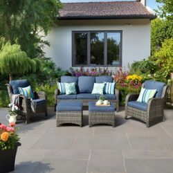 Patio Furniture Set 5 Piece Outdoor Wicker High Back Sofa with Ottomans Comfy Cushions, All Weather Conversation Set for Garden Deck, Grey Rattan Deni