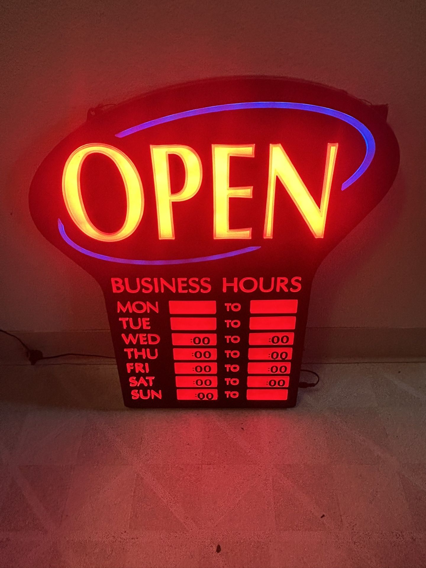 Open sign for a business, in good condition w/power supply. Has variable speed for the open portion of the sign from steady to very fast. Hours can