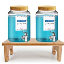 2 Sets 1 Gallon Glass Liquid Laundry Detergent Dispenser with Bamboo Stand, Laundry Room Organizati
