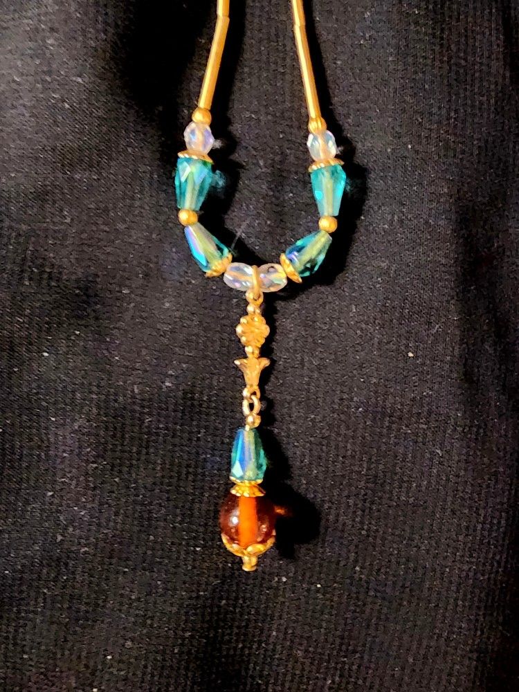 Vintage Brass Thin Necklace With Jewels and Pendant