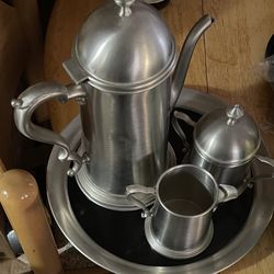 Pewter Tea Pot / Creamer / Sugar Bowl And Serving Tray