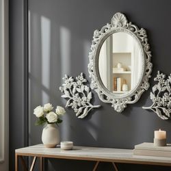 Vintage oval mirror and w/ pair of 1967 Syroco dogwood flowers plaques